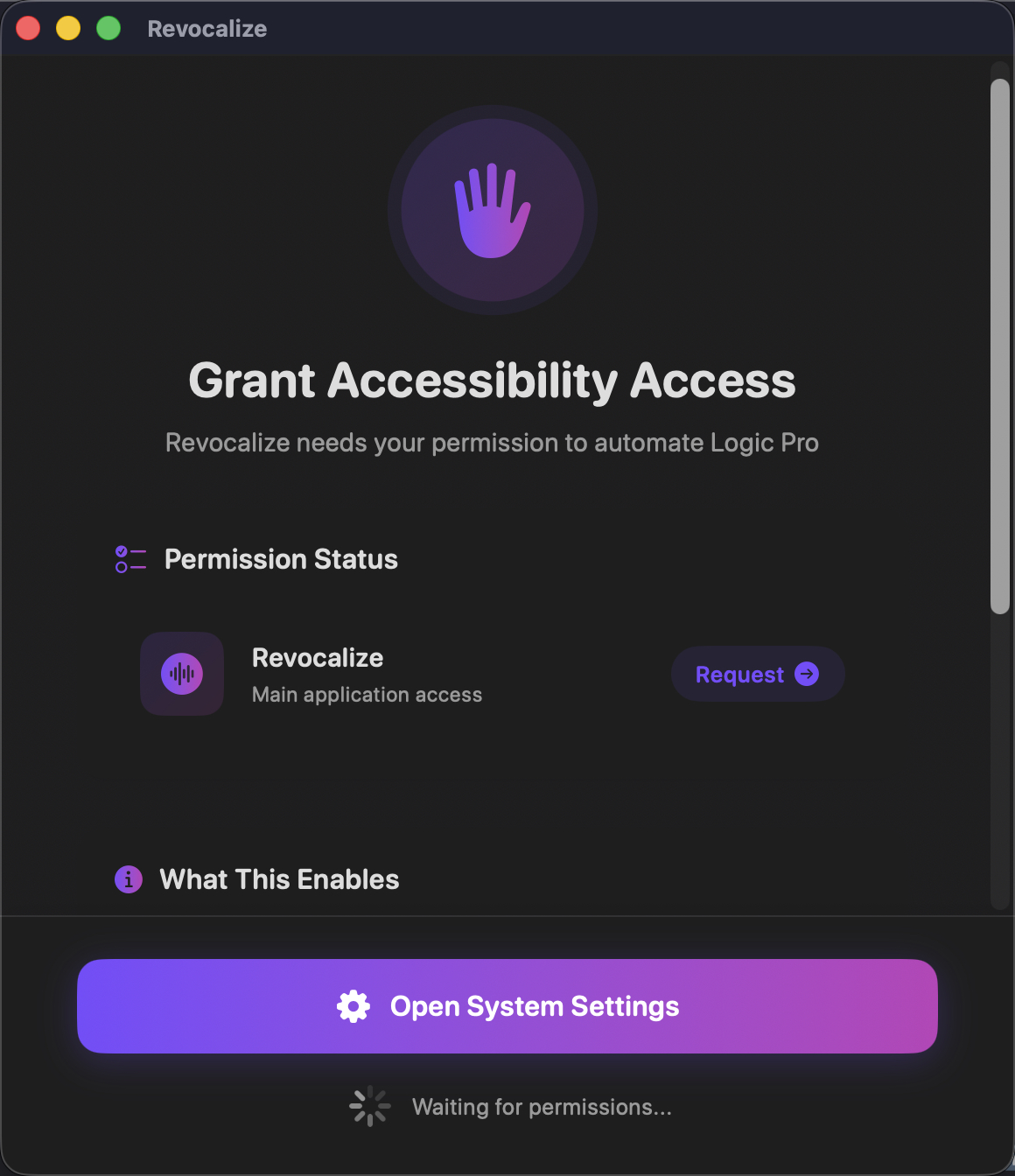 System Settings → Accessibility with Revocalize Co-Producer toggled ON