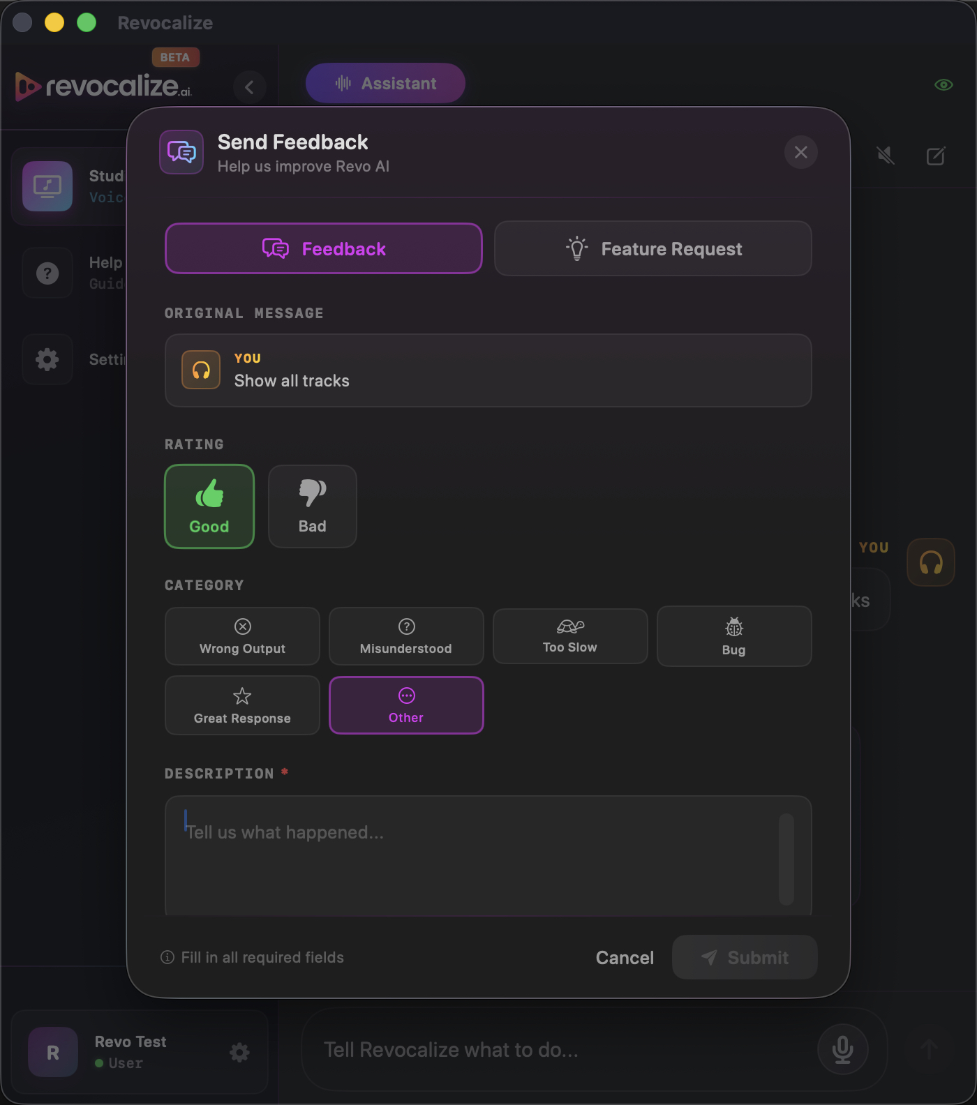 Send Feedback icon on a chat message