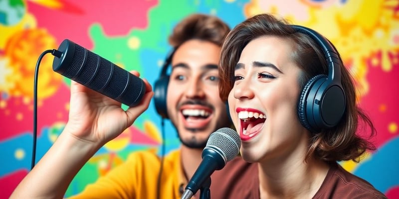 Person using a microphone with headphones, mimicking a celebrity.